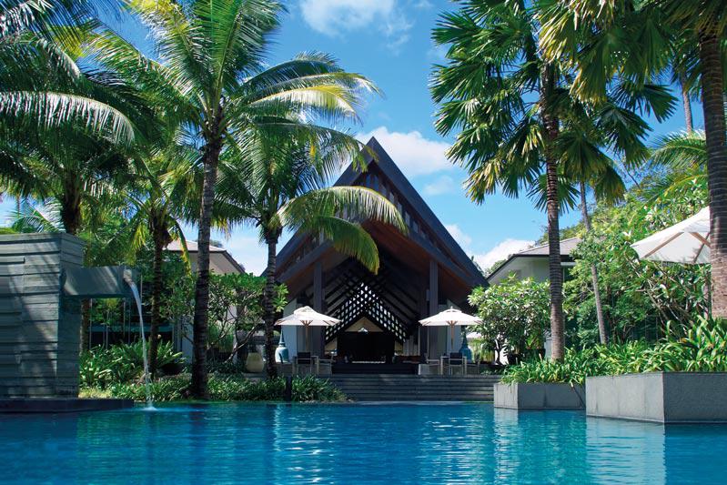 Pool in einer Hotelanlage umgeben von vielen Palmen